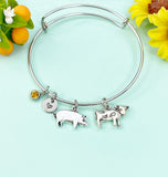 Silver Pig and Cow Charm Bracelet, AN1100