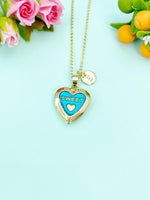 Gold Sweet Teal Heart Locket Charm Necklace, N5278B