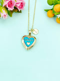 Gold Sweet Teal Heart Locket Charm Necklace, N5278B