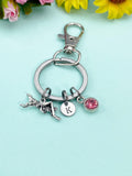 Silver Grasshopper Keychain, Initial Charm, Birthstone Keyring