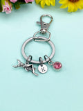 Silver Grasshopper Keychain, Initial Charm, Birthstone Keyring