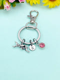 Silver Grasshopper Keychain, Initial Charm, Birthstone Keyring