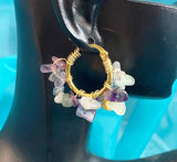 Gold Natural Fluorite Wire Wrap Hoop Earrings Gemstone Jewelry, Gifts for Girlfriends, N5321C