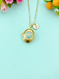 Gold Shell Pearl Enamel Locket Oval Pendant Necklace, Keepsake Photo Frame Jewelry, N6588