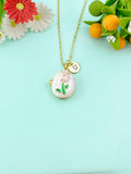 Gold Flower Pink Tulip Enamel Locket Oval Pendant Necklace, Keepsake Photo Frame Jewelry, N6589