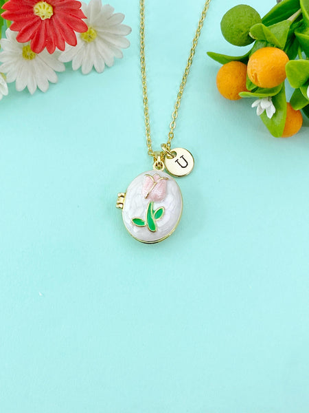Gold Flower Pink Tulip Enamel Locket Oval Pendant Necklace, Keepsake Photo Frame Jewelry, N6589