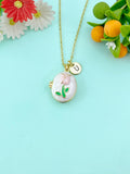 Gold Flower Pink Tulip Enamel Locket Oval Pendant Necklace, Keepsake Photo Frame Jewelry, N6589