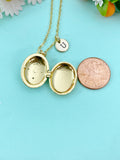 Gold Flower Clear Cubic Zirconia Enamel Locket Oval Pendant Necklace, Keepsake Photo Frame Jewelry, N6590