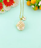 Gold Flower Clear Cubic Zirconia Enamel Locket Oval Pendant Necklace, Keepsake Photo Frame Jewelry, N6590