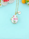 Gold Hot Pink Flower Enamel Locket Oval Pendant Necklace, Keepsake Photo Frame Jewelry, N6591