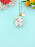 Gold Hot Pink Flower Enamel Locket Oval Pendant Necklace, Keepsake Photo Frame Jewelry, N6591