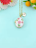 Gold Hot Pink Flower Enamel Locket Oval Pendant Necklace, Keepsake Photo Frame Jewelry, N6591