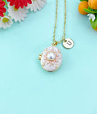 Gold White Pearl Pink Enamel Locket Oval Pendant Necklace, Keepsake Photo Frame Jewelry, N6592