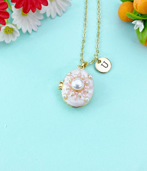 Gold White Pearl Pink Enamel Locket Oval Pendant Necklace, Keepsake Photo Frame Jewelry, N6592