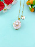 Gold White Pearl Pink Enamel Locket Oval Pendant Necklace, Keepsake Photo Frame Jewelry, N6592