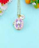 Gold White Pearl Pink Violet Enamel Locket Oval Pendant Necklace, Keepsake Photo Frame Jewelry, N6593
