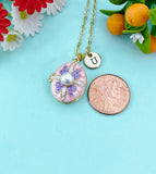 Gold White Pearl Pink Violet Enamel Locket Oval Pendant Necklace, Keepsake Photo Frame Jewelry, N6593