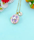 Gold White Pearl Pink Violet Enamel Locket Oval Pendant Necklace, Keepsake Photo Frame Jewelry, N6593