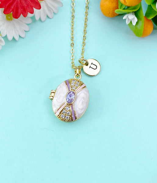 Gold Micro Pave Cubic Zirconia Enamel Locket Oval Pendant Necklace, Keepsake Photo Frame Jewelry, N6594