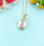 Gold Micro Pave Cubic Zirconia Enamel Locket Oval Pendant Necklace, Keepsake Photo Frame Jewelry, N6594
