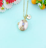 Gold Micro Pave Cubic Zirconia Enamel Locket Oval Pendant Necklace, Keepsake Photo Frame Jewelry, N6594