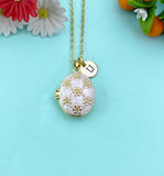 Gold Flower Enamel Locket Oval Pendant Necklace, Keepsake Photo Frame Jewelry, N6596