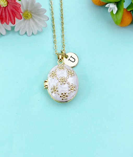 Gold Flower Enamel Locket Oval Pendant Necklace, Keepsake Photo Frame Jewelry, N6596