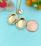 Gold Flower Enamel Locket Oval Pendant Necklace, Keepsake Photo Frame Jewelry, N6596