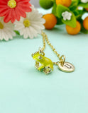 Gold  Green Frog Charm Necklace, American Bullfrog Lithobates, N6598