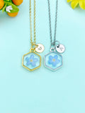 Forget Me Not Necklace, Pressed Flower Hexagon Charm, Initial Necklace