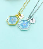 Forget Me Not Hexagon Charm Necklace, Real Forget Me Not Dried Press Flower Jewelry Gift, N6601