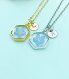 Forget Me Not Necklace, Pressed Flower Hexagon Charm, Initial Necklace