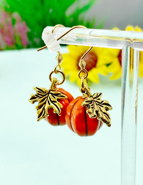 Halloween Earrings, Pumpkin Maple Leaf, Fall Autumn Gift,N3693