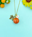 Pumpkin Maple Leaf Charm Necklace, Fall Autumn Halloween Jewelry, N3694