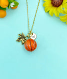 Pumpkin Maple Leaf Charm Necklace, Fall Autumn Halloween Jewelry, N3694