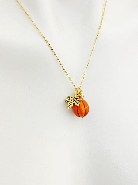 Pumpkin Maple Leaf Charm Necklace, Fall Autumn Halloween Jewelry, N3694