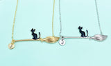 Black Cat Sit on Witches Broom Charm Necklace, Halloween Jewelry, N5997M