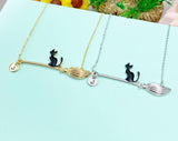 Black Cat Sit on Witches Broom Charm Necklace, Halloween Jewelry, N5997M
