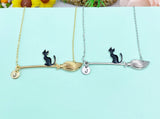Black Cat Sit on Witches Broom Charm Necklace, Halloween Jewelry, N5997M