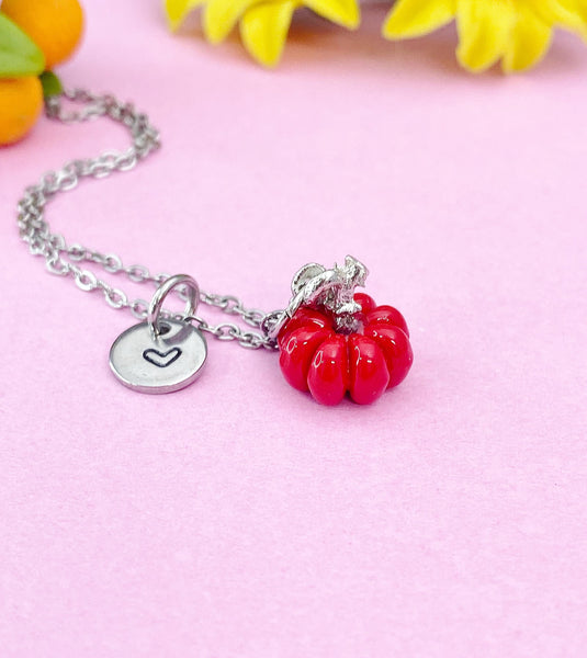 Red Pumpkin Charm Silver Necklace, Fall Gifts, N6618