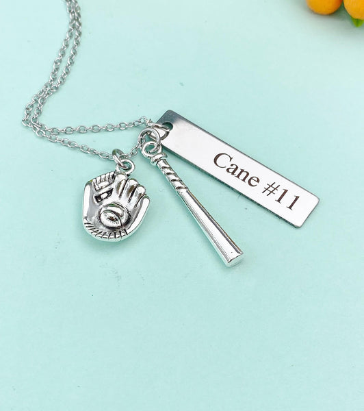Silver Baseball Necklace Gloves, Bat, Name, Best Seller Christmas Gifts for Baseball Team, School Sport Team Gifts, D047
