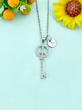 Key Peace Sign Charm Necklace, Skeleton Key Jewelry, N6643P