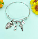 Silver Cardiologist Bracelet Anatomy Heart Caduceus, Medical School Student Gifts, Personalized Customized Gifts, N5283B