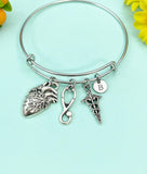 Silver Cardiologist Bracelet Anatomy Heart Caduceus, Medical School Student Gifts, Personalized Customized Gifts, N5283B