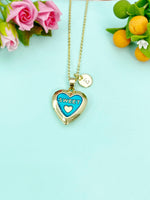 Gold Sweet Teal Heart Locket Charm Necklace, N5278B