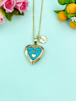 Gold Sweet Teal Heart Locket Charm Necklace, N5278B
