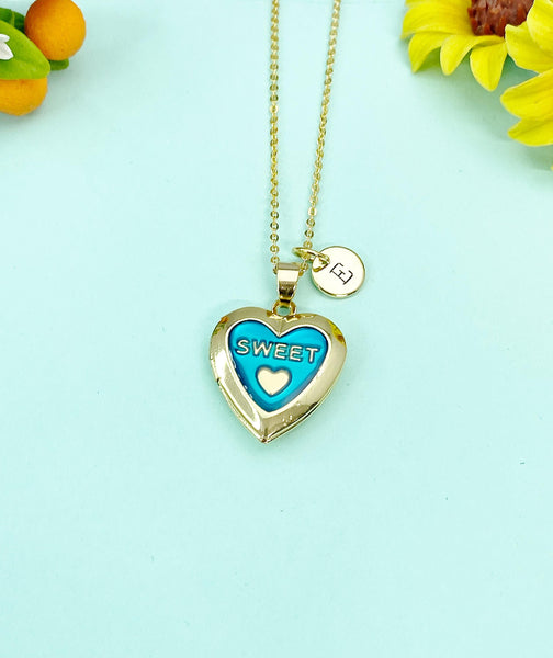Gold Sweet Teal Heart Locket Charm Necklace, N5278B