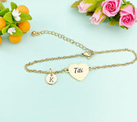 Gold Titi Heart Charm Bracelet, Stainless Steel Titi Jewelry, D335