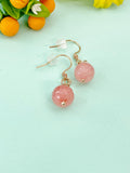 Pink Jade Earrings, Rose Gold Stainless Steel, Natural Gemstone Jewelry