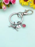 Silver Grasshopper Keychain, Initial Charm, Birthstone Keyring